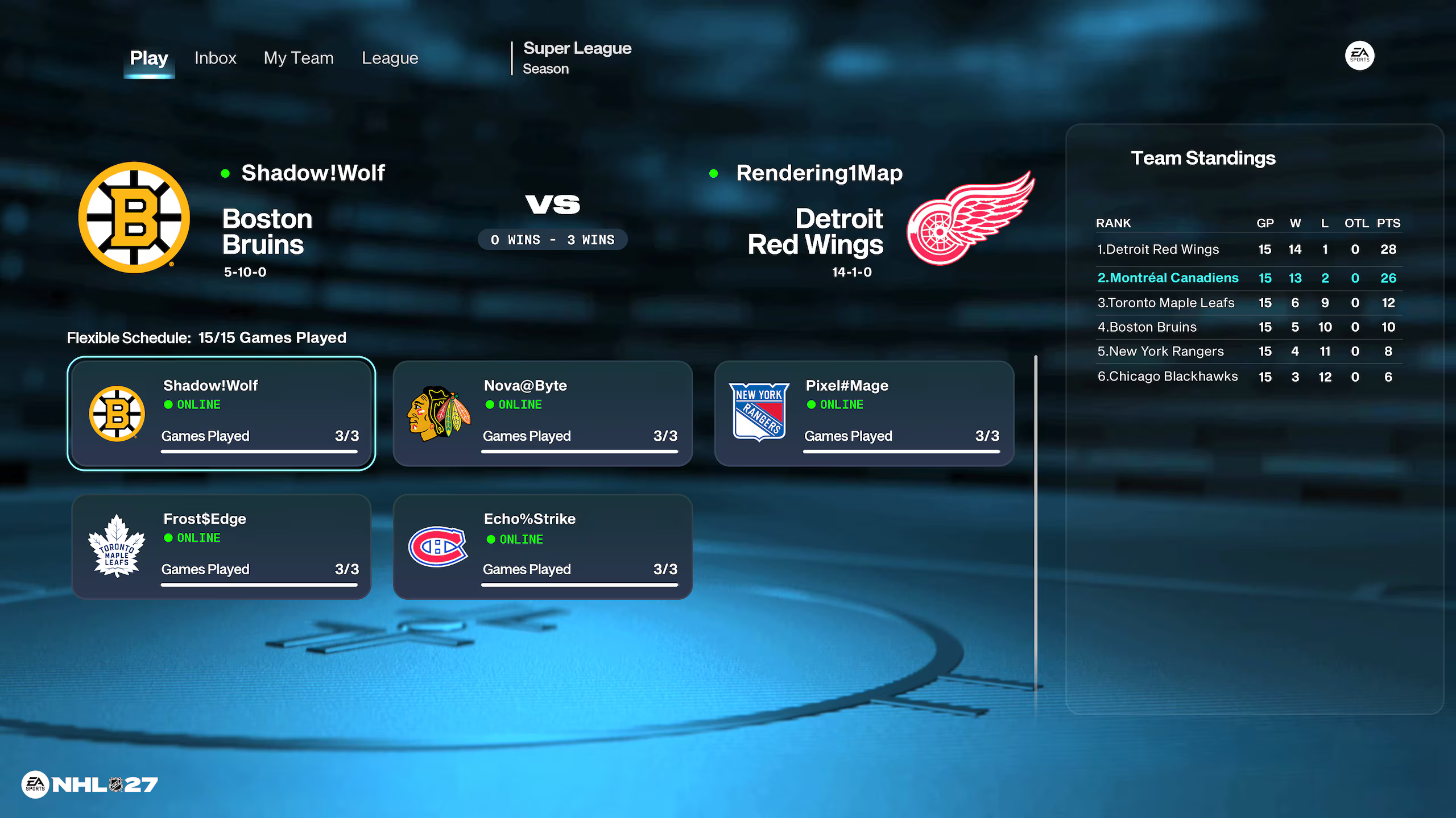 NHL 27 Hauptmenü mit Teamvergleich und Rangliste.