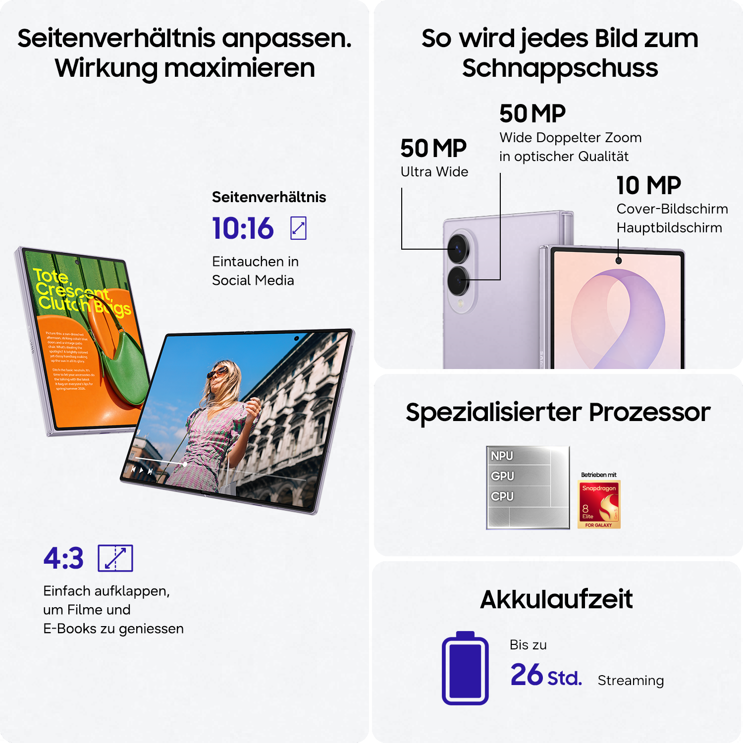 Produktwerbung: Samsung Handy mit Kamera, Prozessor, Akku und Display-Details.