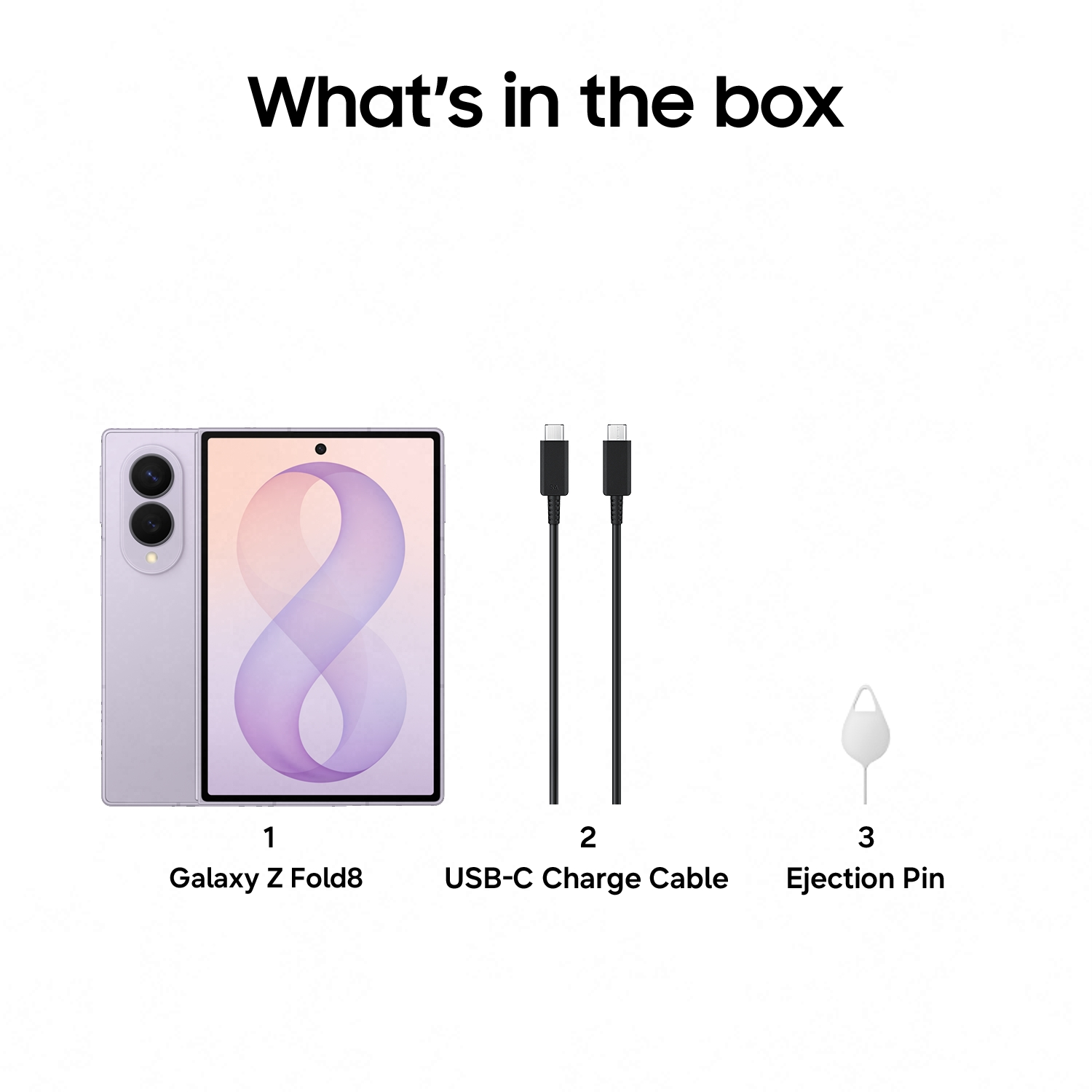 Inhalt der Box: lila Galaxy Z Fold8, USB-C-Kabel und Ejektionsstift.
