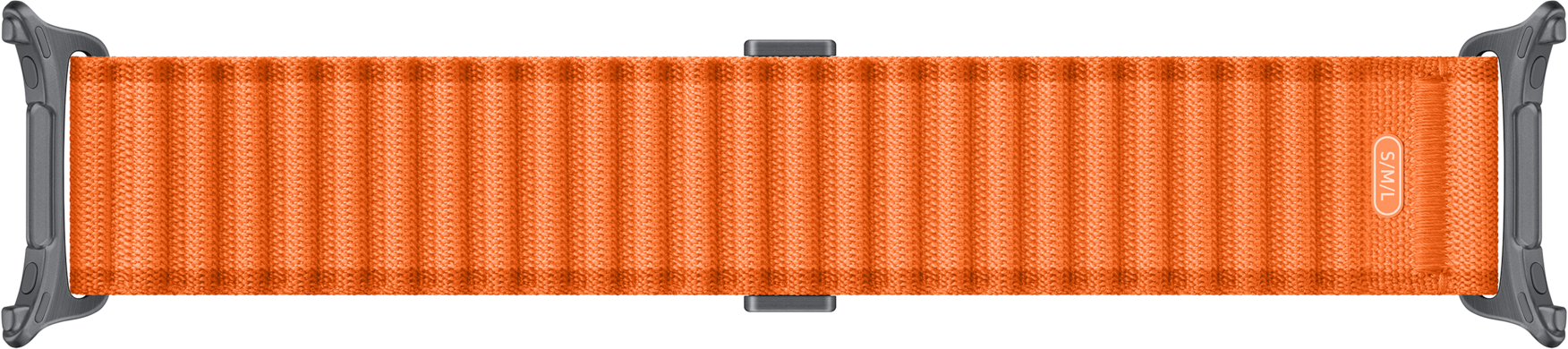 Ein oranges Gewebe-Uhrenarmband mit grauen Anschlüssen und der Größenangabe S/M/L.