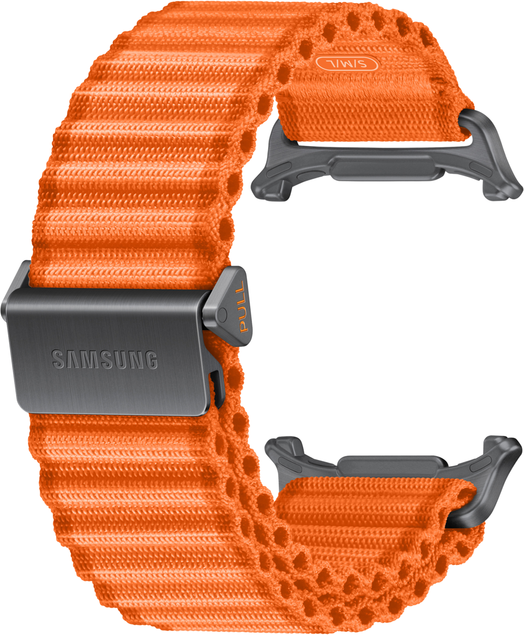 Ein orangefarbenes Samsung-Armband mit silbernem Verschluss und Pull-Markierung.