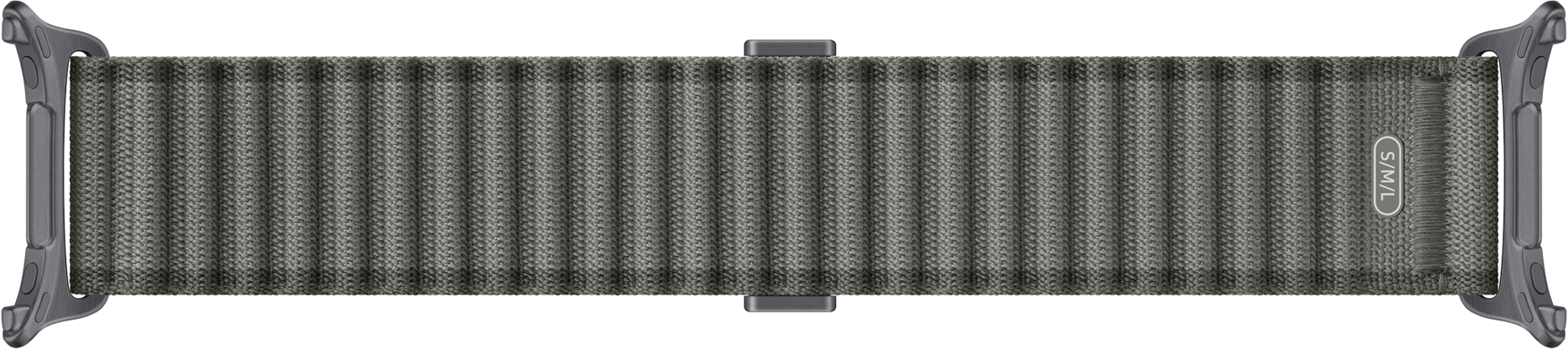 Graues Stoffarmband mit vertikalen Rippen und silbernen Anschlüssen.
