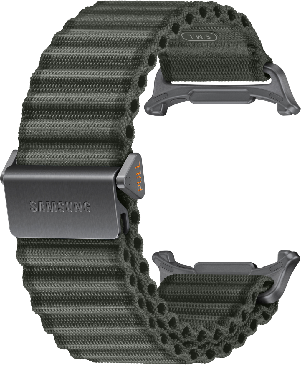 Dunkelgraues Samsung-Armband mit Metallverschluss und Zuglasche.