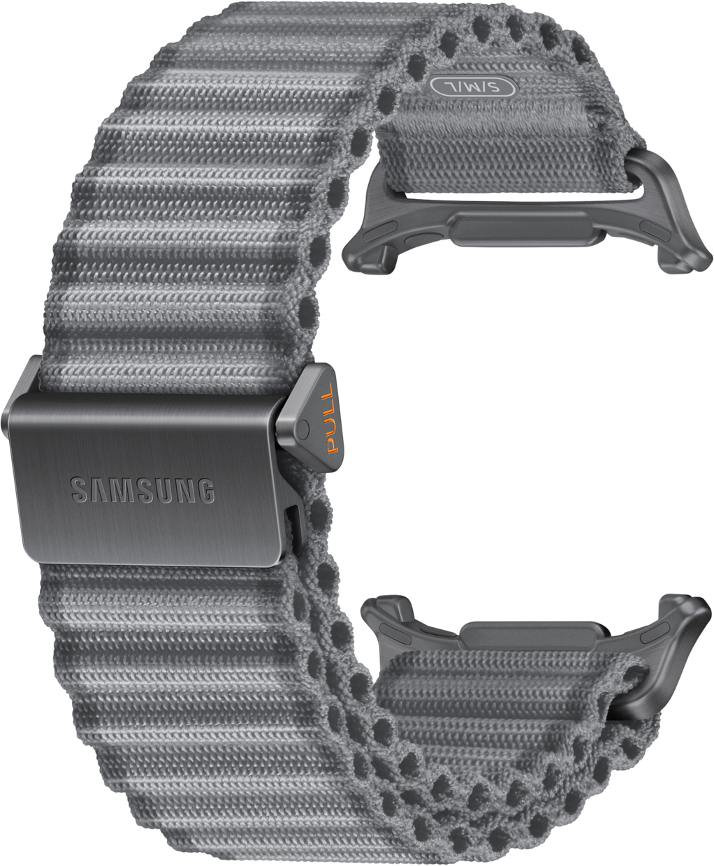 Graues Samsung-Armband mit silberner Schnalle und orangenem "PULL"-Aufdruck.