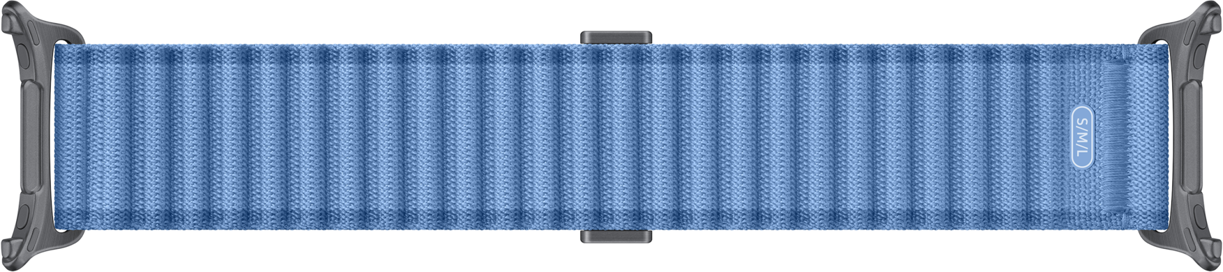 Blaues Stoffarmband mit silbernen Anschlüssen und eingeprägtem "S/M/L"-Text.
