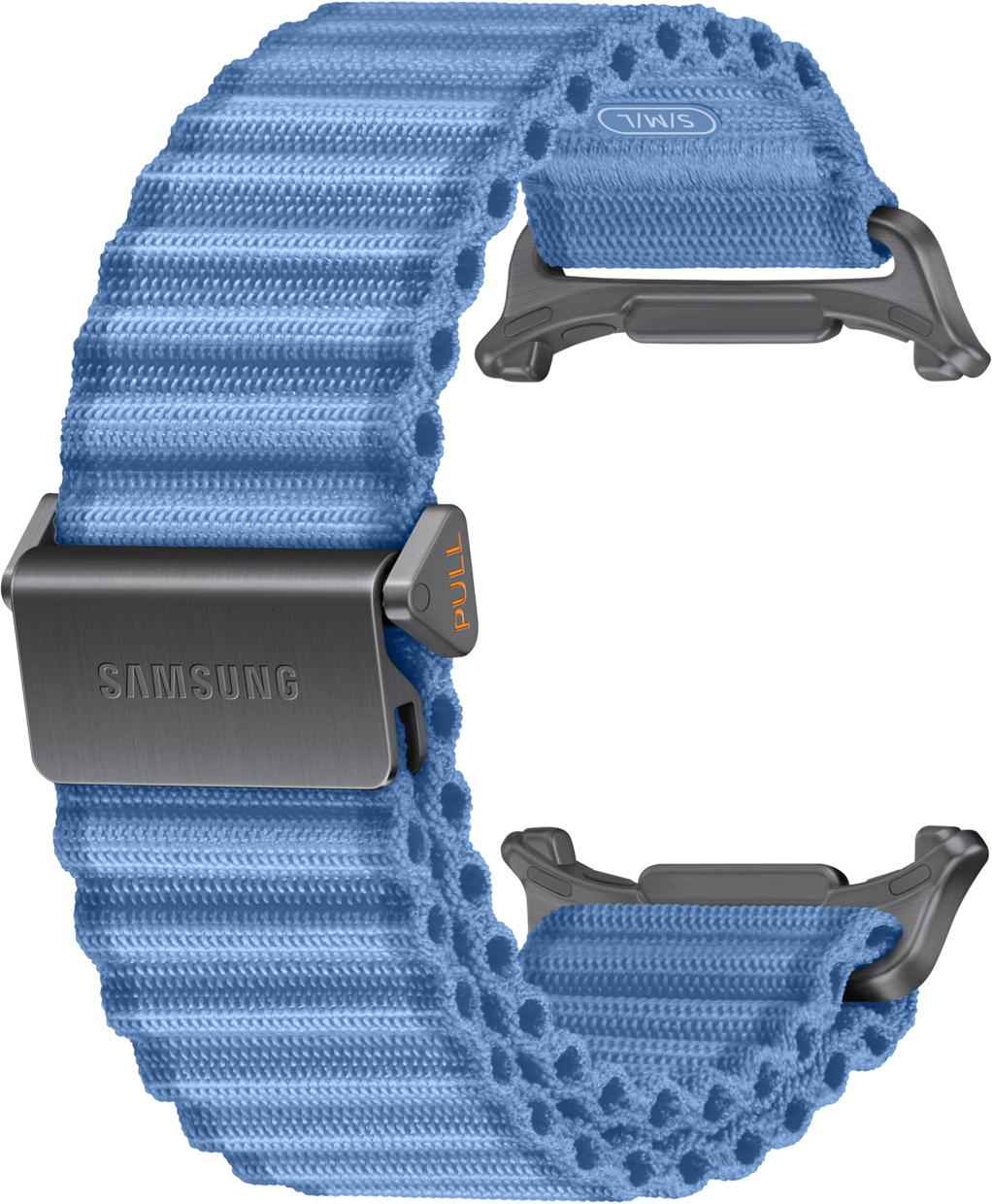 Ein hellblaues Samsung-Armband mit silbernen Anschlüssen und Belüftungslöchern.