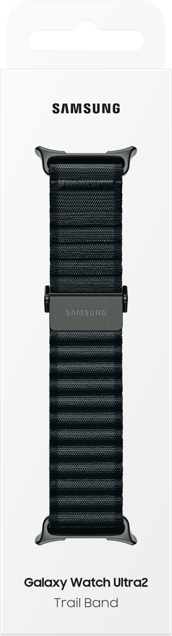 Cinturino nero Samsung Galaxy Watch Ultra2 Trail su confezione bianca.