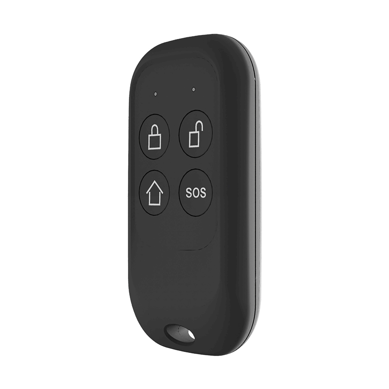 Un telecomando nero con pulsanti per bloccare, sbloccare, casa e SOS.