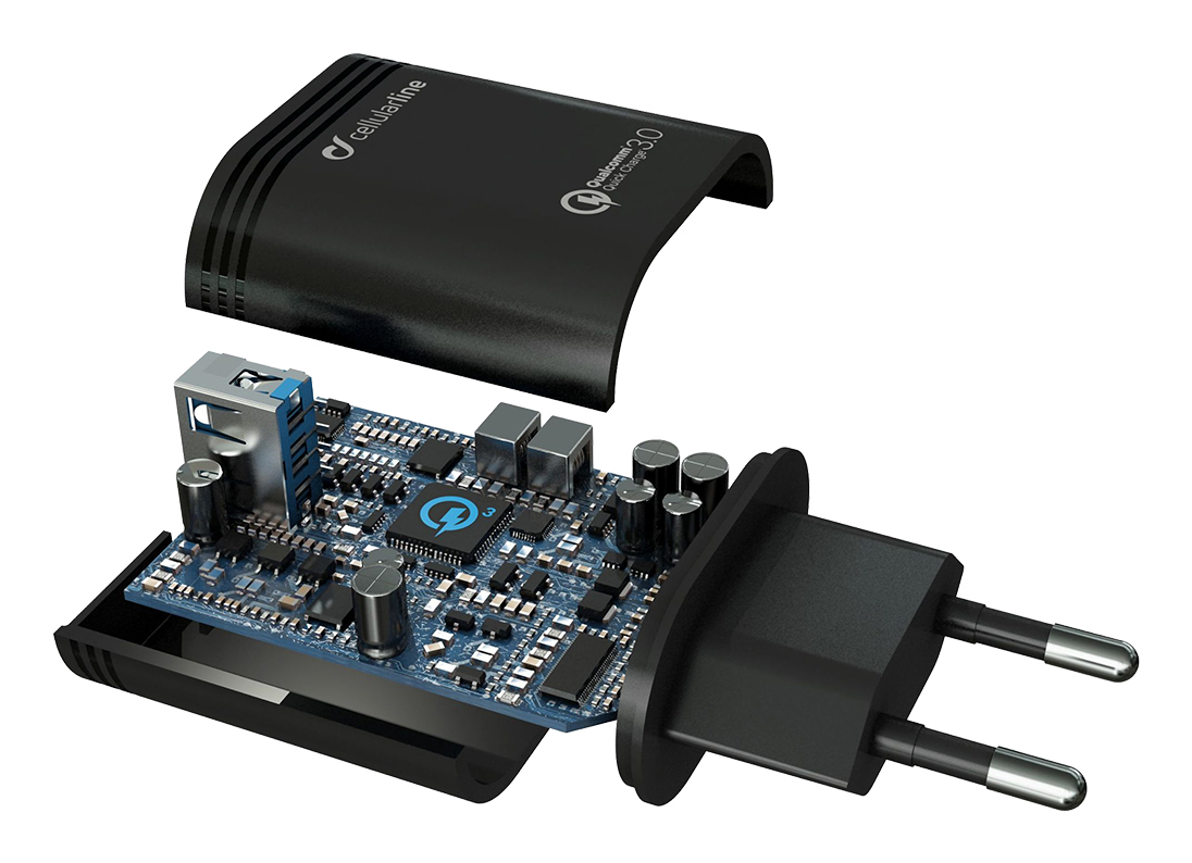 Un cargador desmontado que muestra la placa de circuito, el puerto USB y el enchufe.