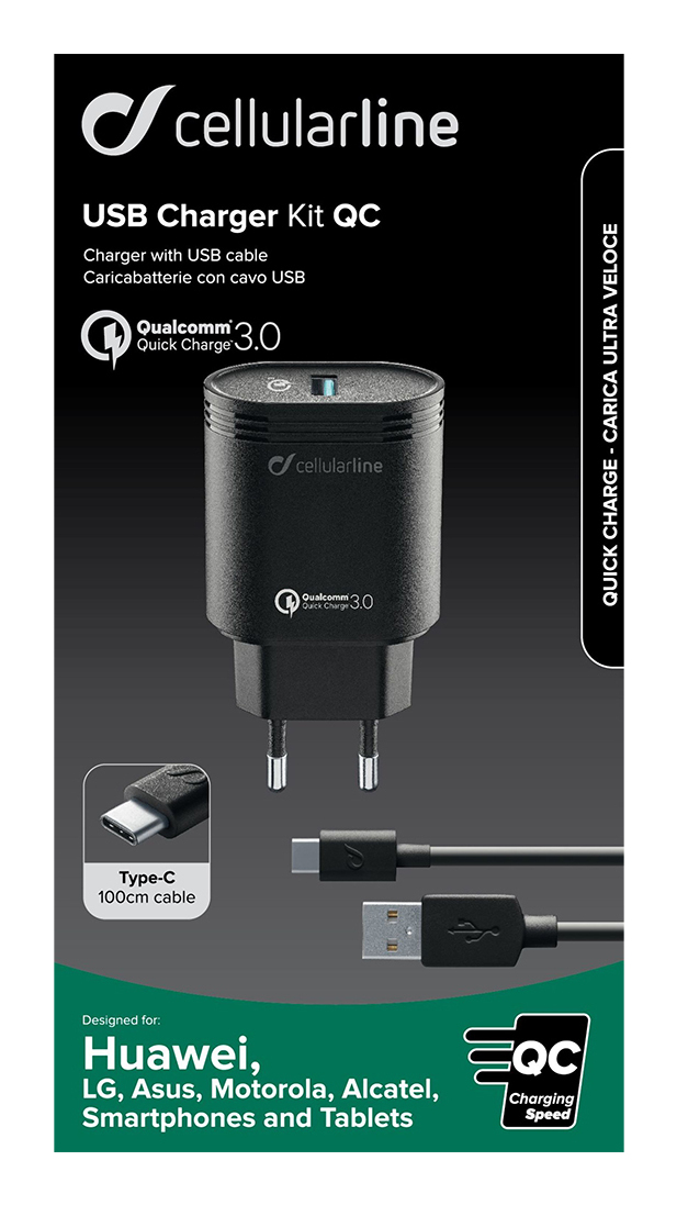 Cargador USB Cellularline negro con cable, Qualcomm Quick Charge 3.0.