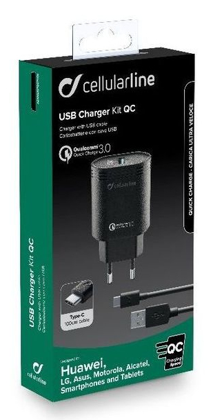 Kit de cargador USB Cellularline QC con cable Tipo-C y adaptador.