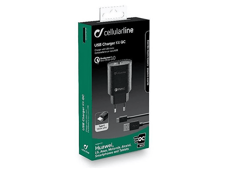 Cargador móvil - CellularLine Charger Kit, 18W, Carga rápida, USB C, USB, 100 cm, Universal, Negro