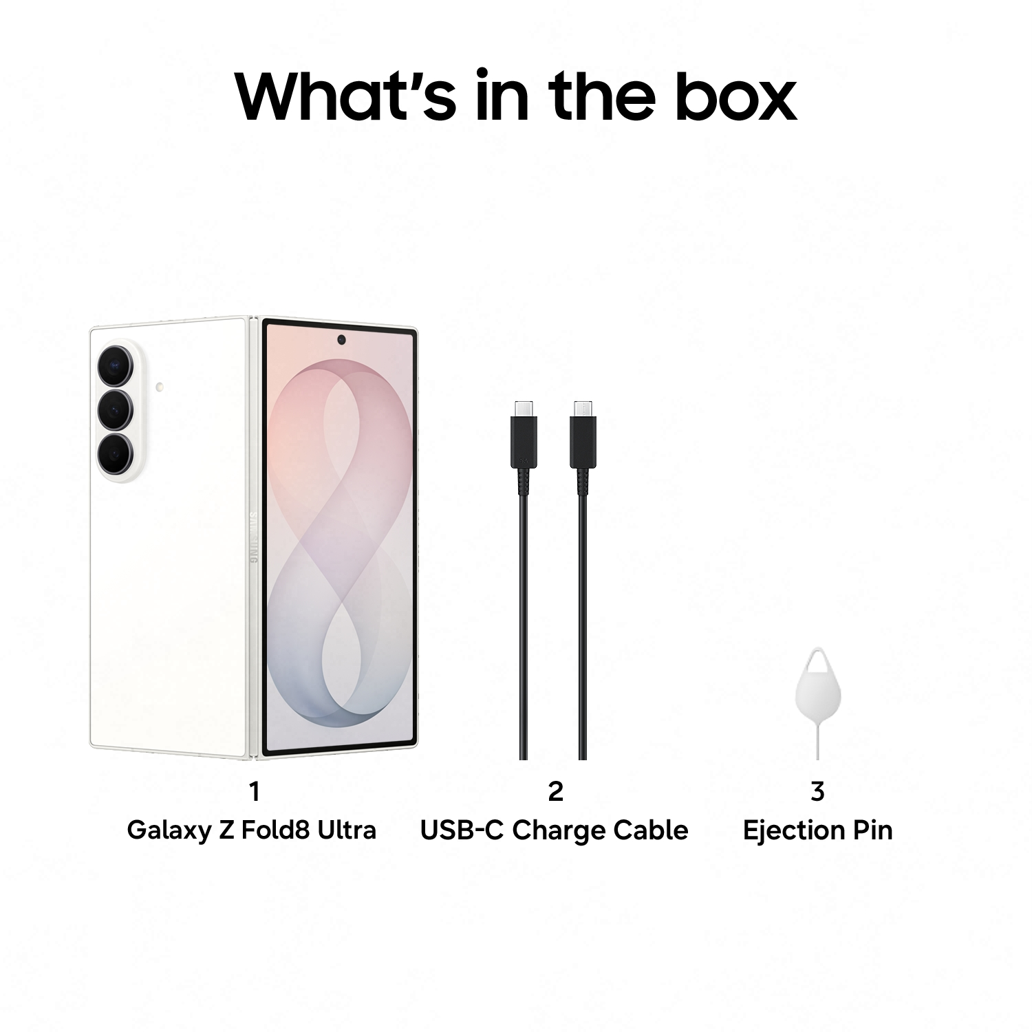 Weißes Galaxy Z Fold8 Ultra, zwei USB-C-Kabel und ein Ejektionsstift.