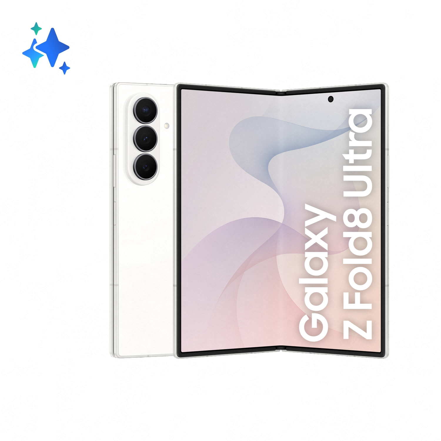 Weißes faltbares Smartphone mit drei Kameras und dem Text "Galaxy Z Fold8 Ultra".