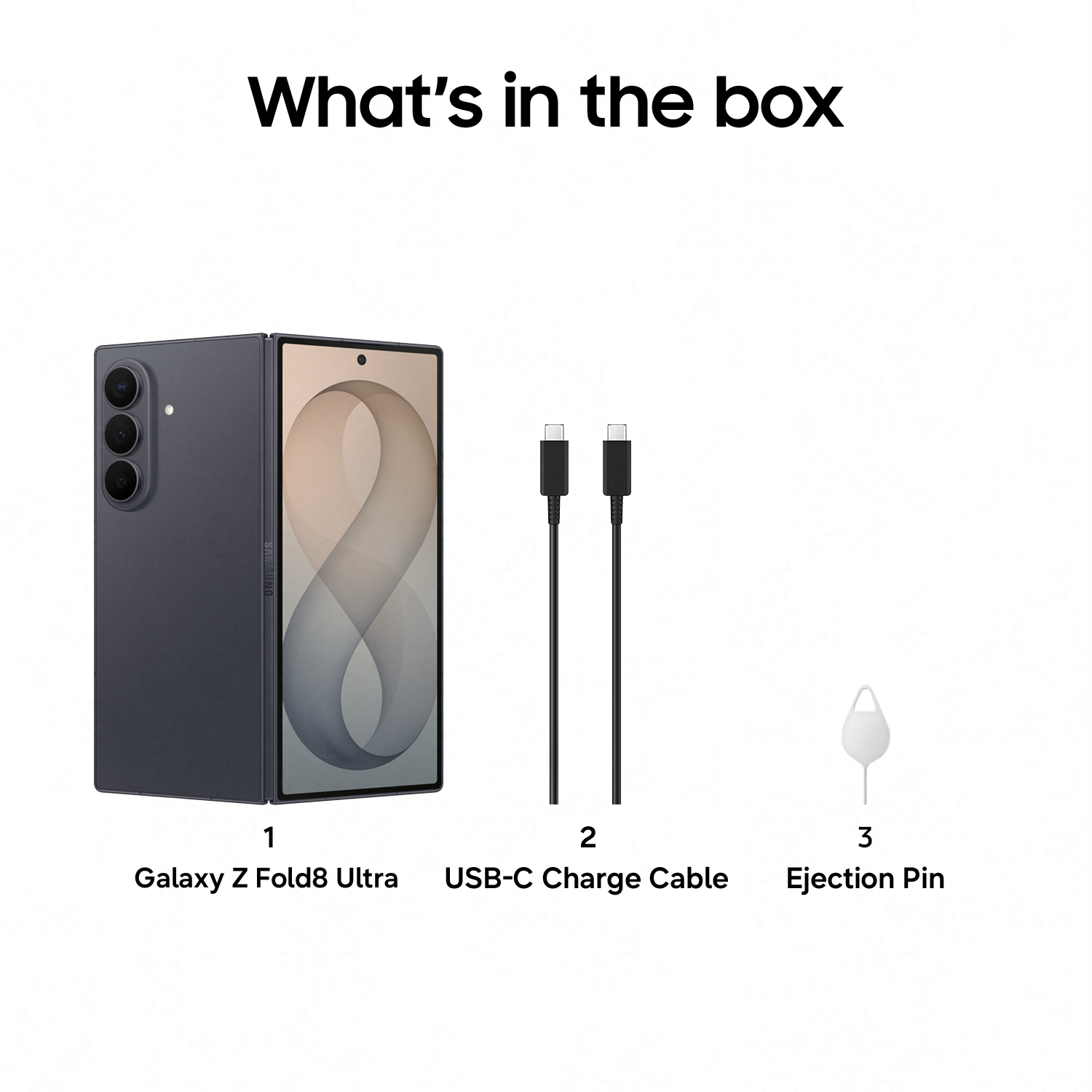 Ein dunkelgraues Samsung Galaxy Z Fold8 Ultra Handy, zwei USB-C-Kabel und ein Ejektionsstift.