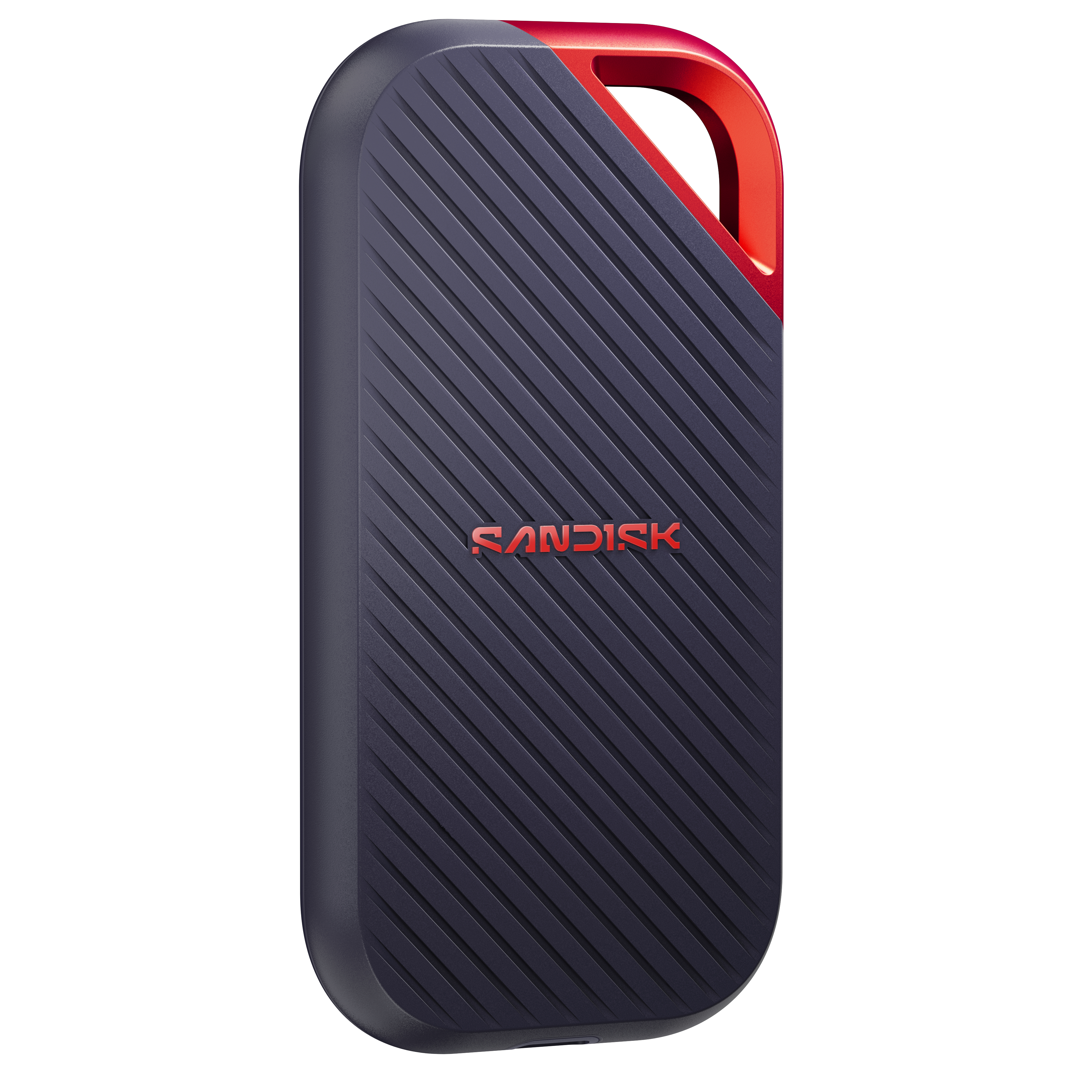 Dunkelgraues SanDisk SSD mit roter Schlaufe und gerilltem Muster.