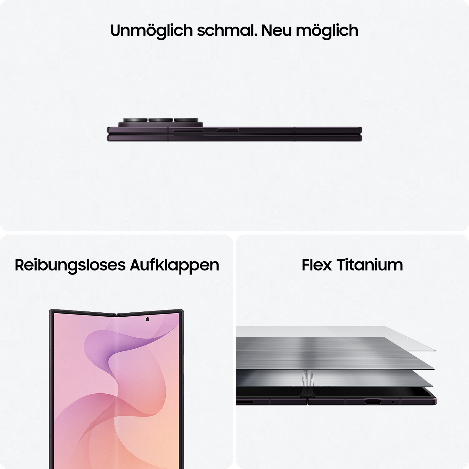 Ein dunkelviolettes Klapphandy, geöffnet und geschlossen, mit Materialschichten.