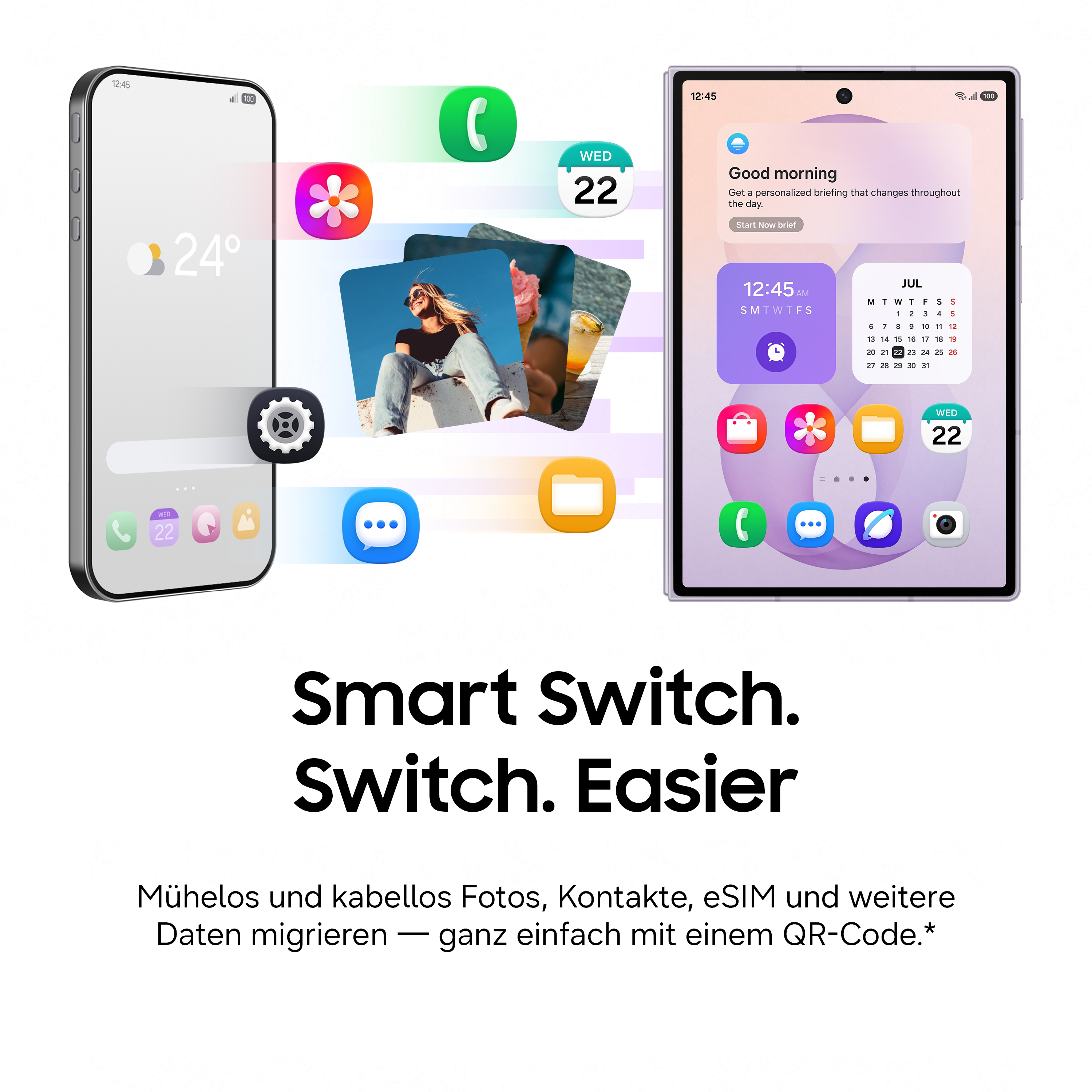 Zwei Smartphones mit App-Icons und Kalenderansichten.
