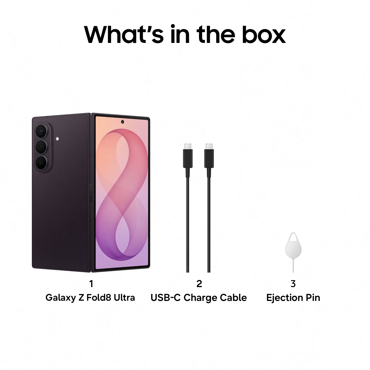 Inhalt der Box: Ein dunkelviolettes Samsung Galaxy Z Fold8 Ultra, zwei USB-C-Kabel und ein Ejector-Pin.