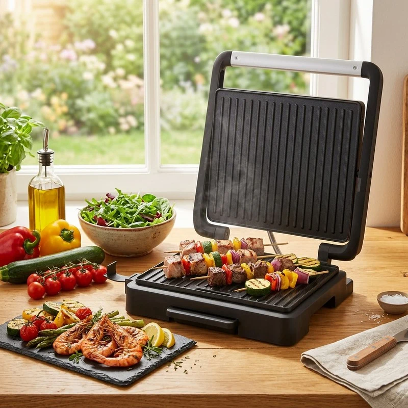 Elektromos grill húsos és zöldséges nyársakkal, garnélával és salátával.