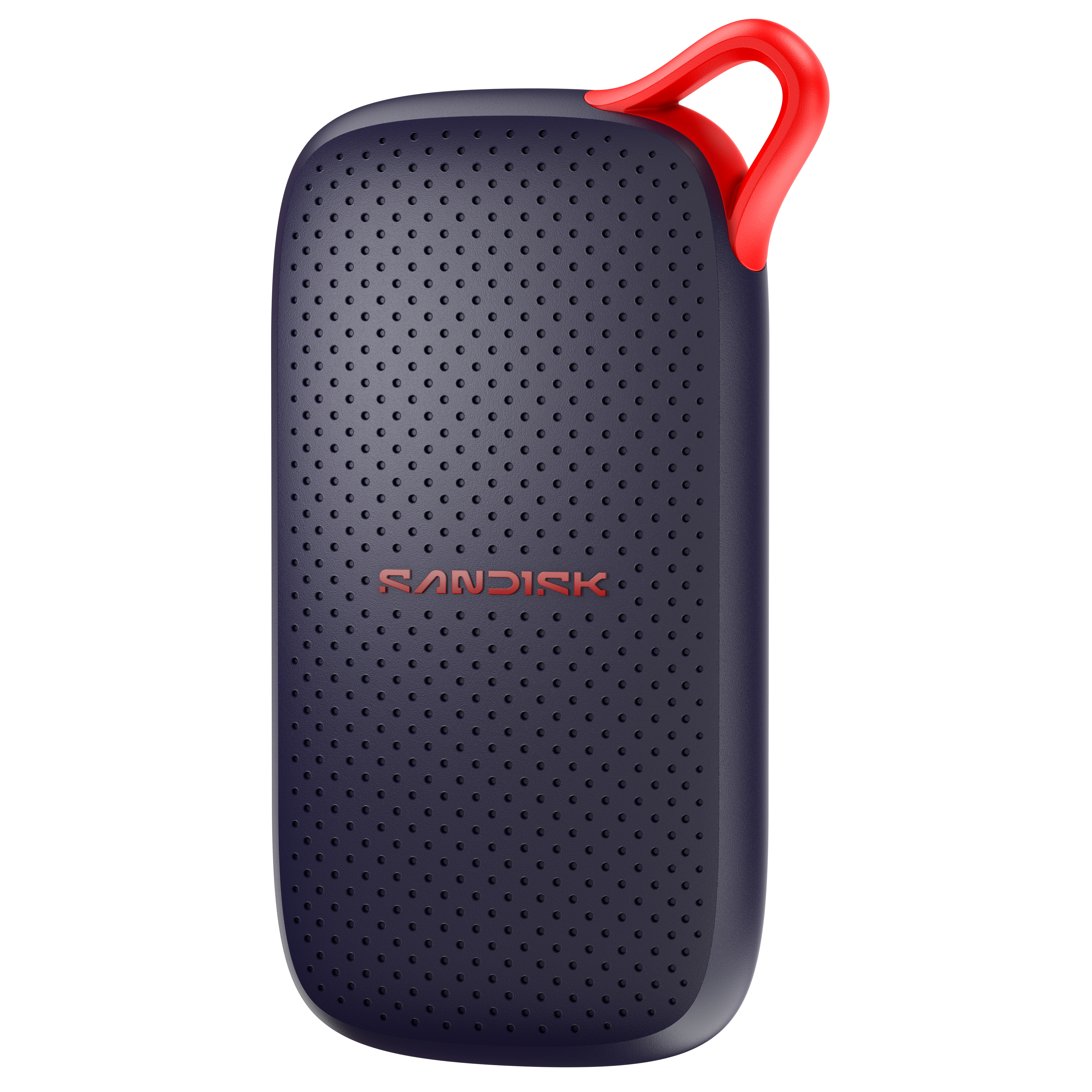 Dunkelblauer Sandisk SSD mit roter Schlaufe und Lochmuster.