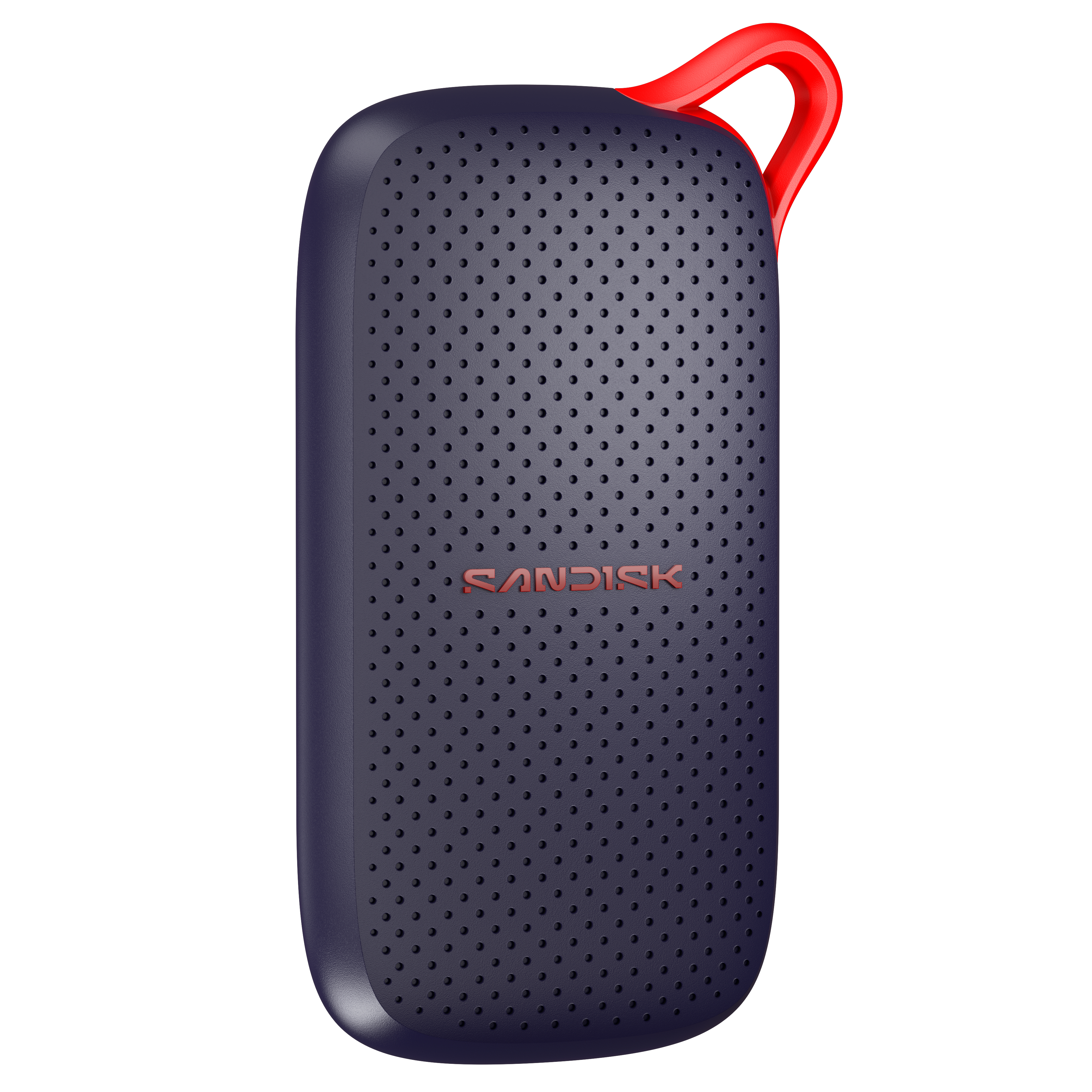 Dunkelblaues SanDisk SSD mit roter Schlaufe und Lochmuster.