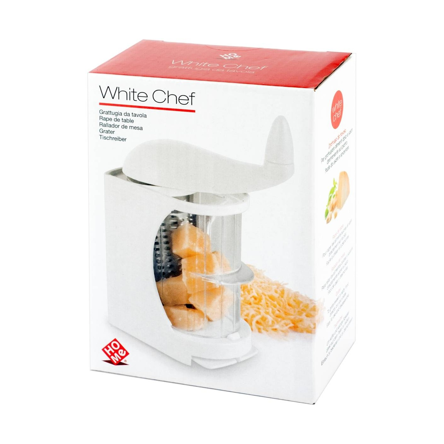 Grattugia White Chef su scatola, con pezzi di formaggio e formaggio grattugiato.