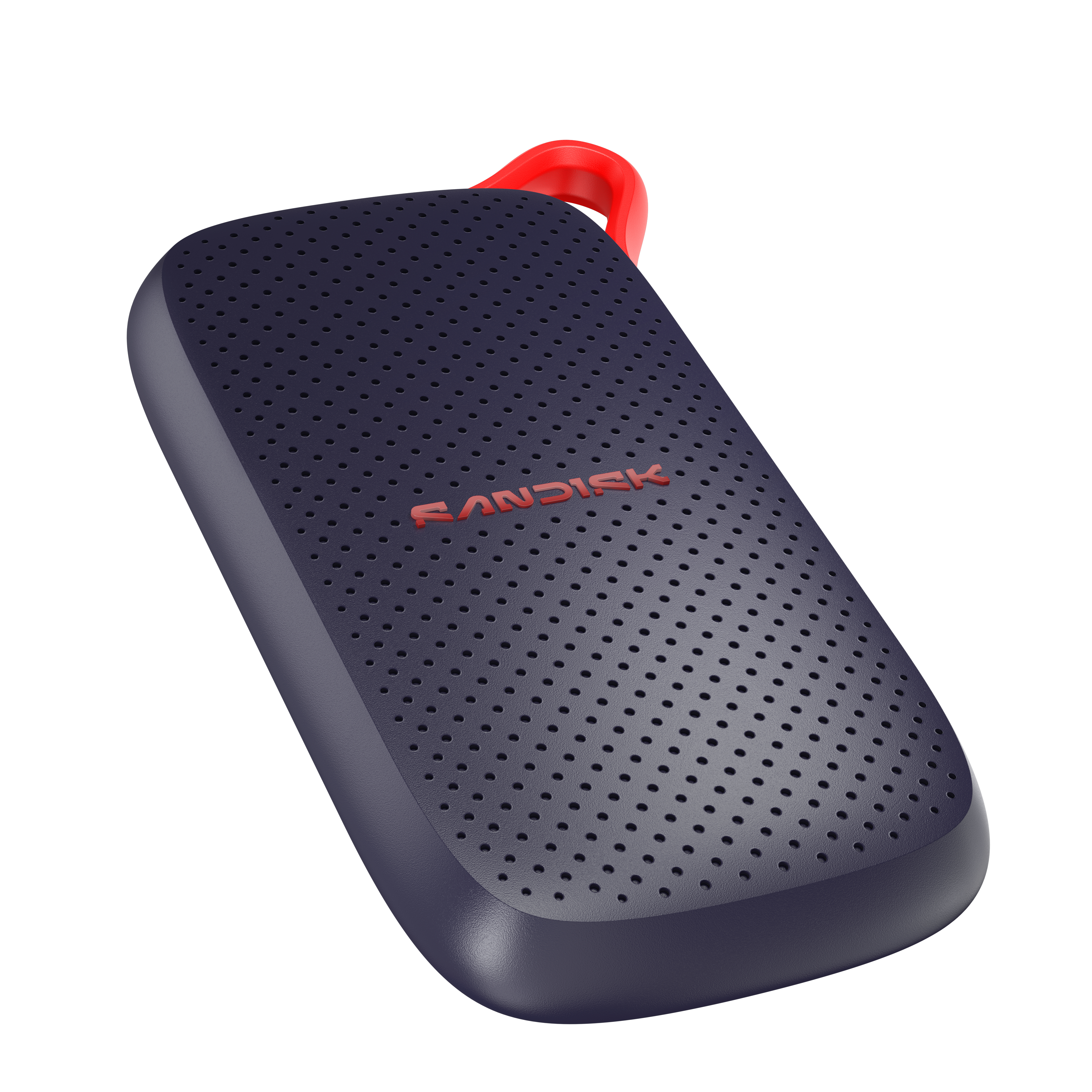 Dunkelblauer SanDisk SSD mit roter Schlaufe, Lochmuster.