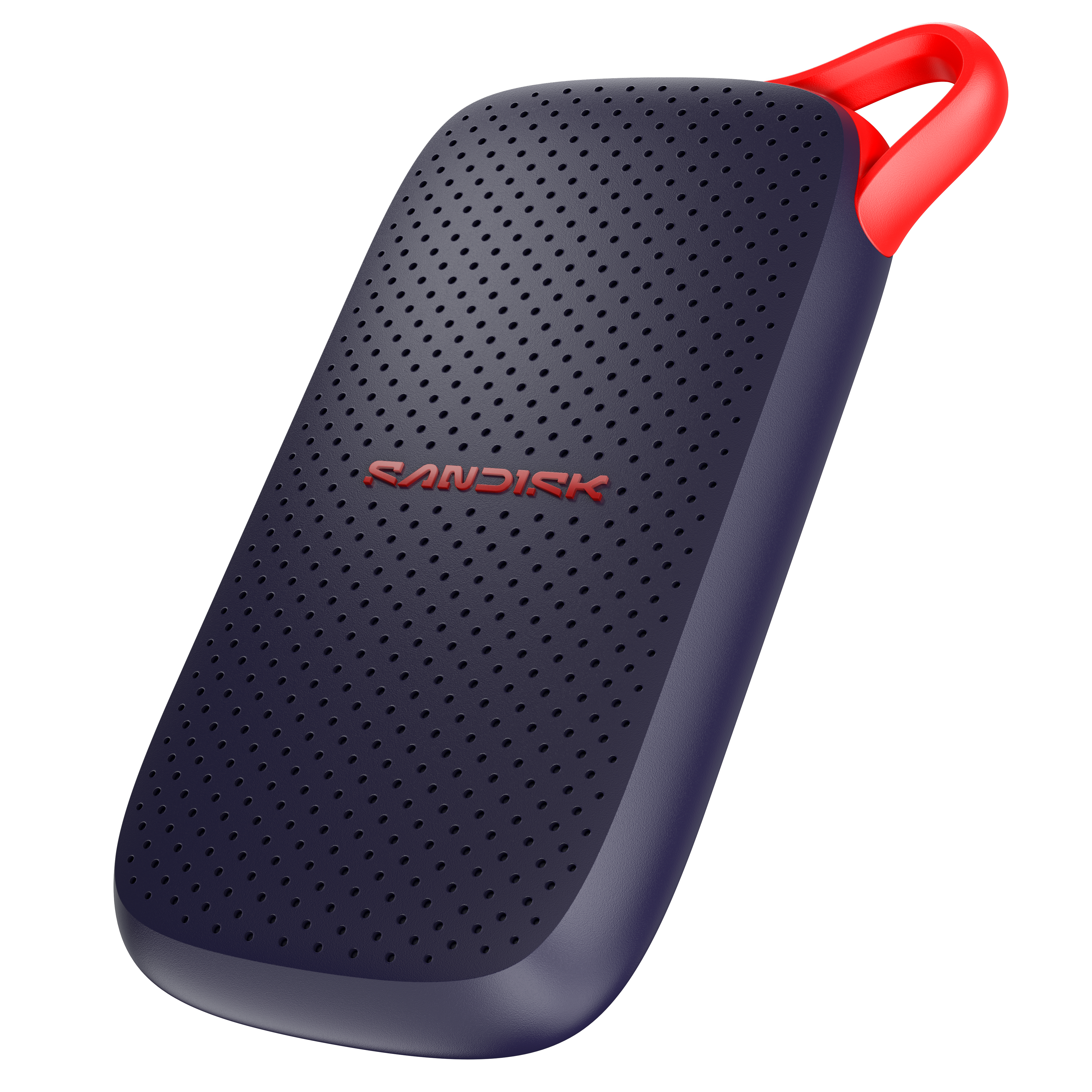 Dunkelblauer Sandisk SSD mit rotem Bügel, perforierter Oberfläche.
