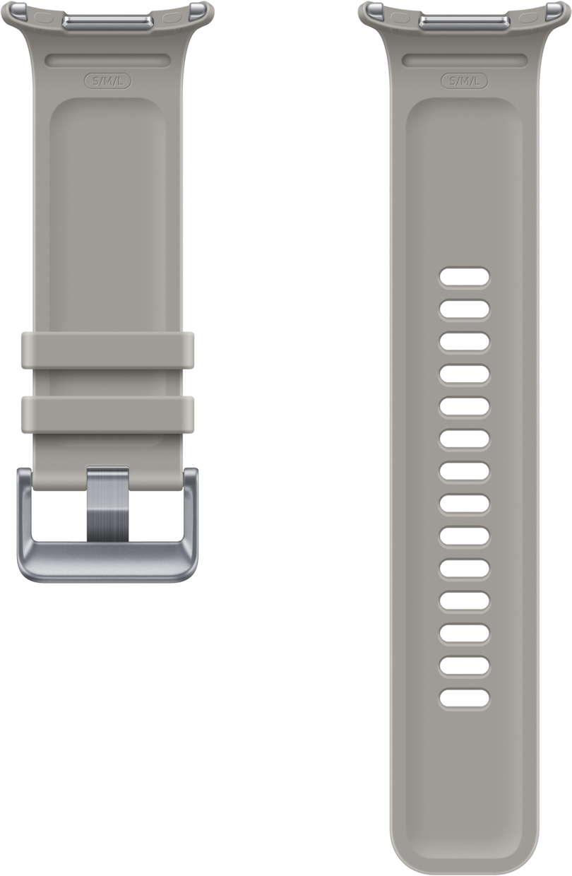 Zwei graue Uhrenarmbänder. Eines hat eine Schnalle, das andere Löcher zur Anpassung.