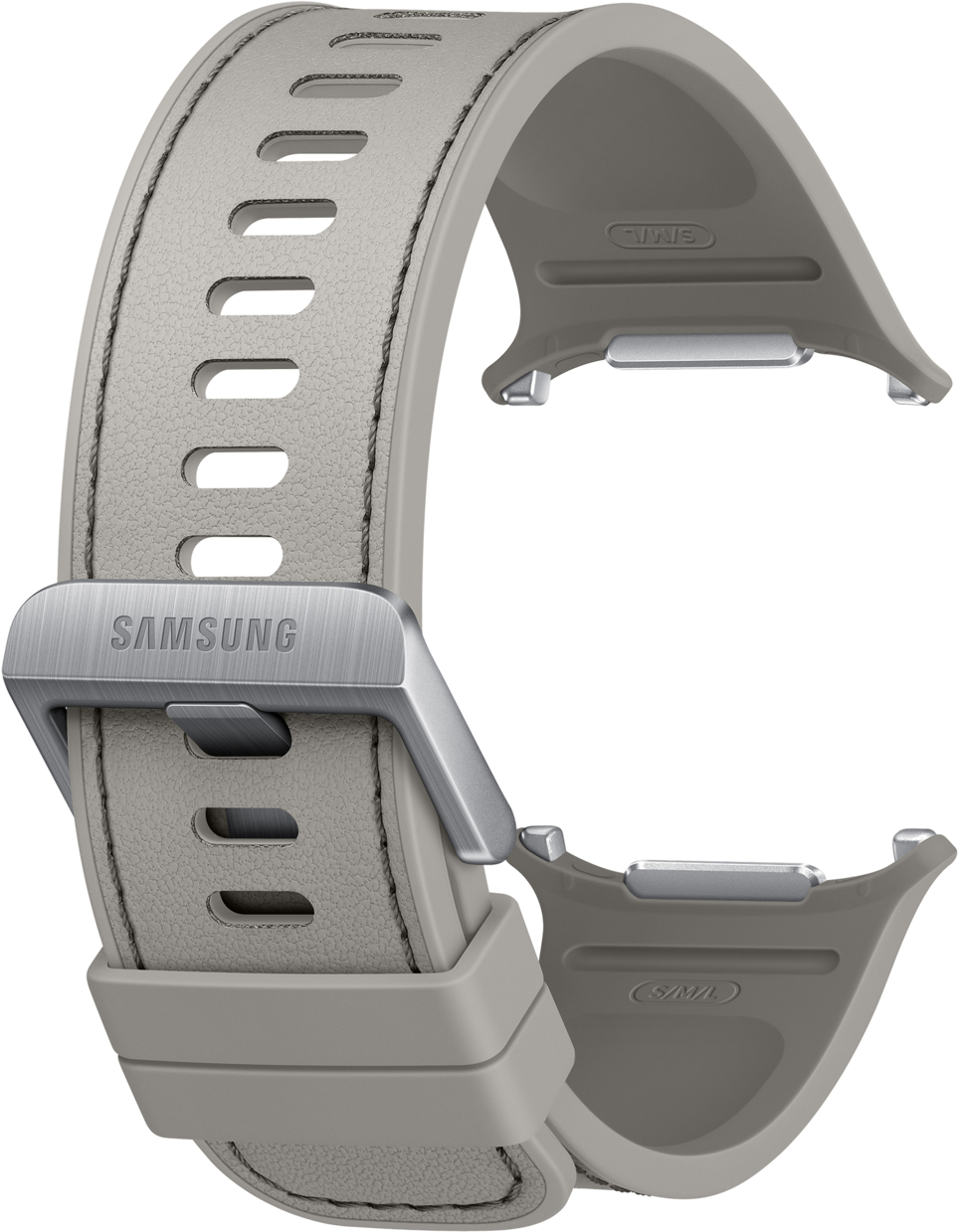 Graues Samsung-Uhrenarmband mit silberner Schnalle und Lünette.