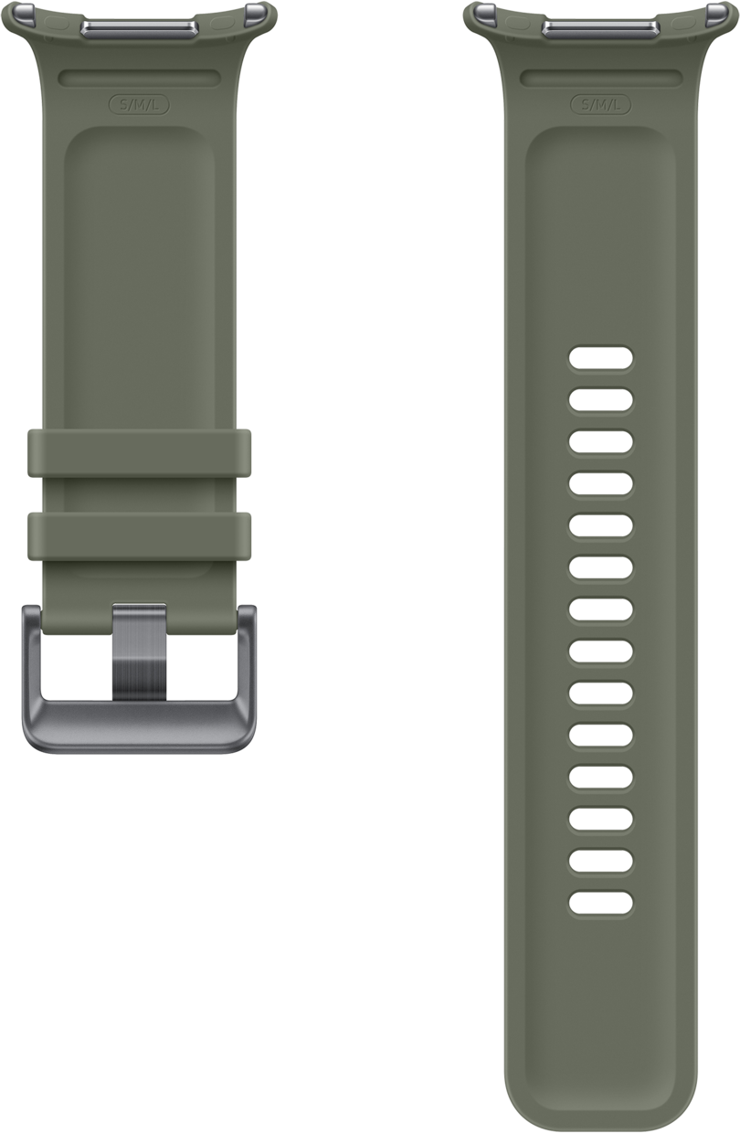 Ein olivgrünes Uhrenarmband mit Schnalle und Lochung.