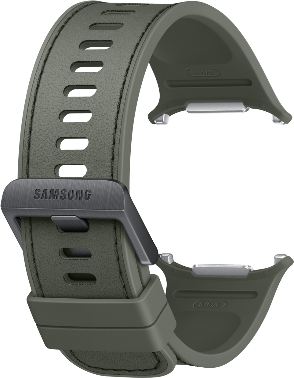Ein grünes Samsung-Uhrenarmband mit Metallschnalle und verstellbaren Löchern.