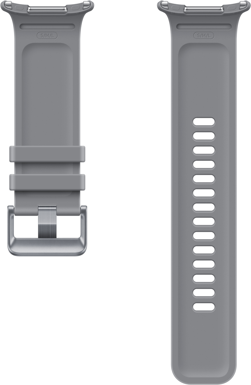 Graues Armband mit Schnalle und Lochmuster.