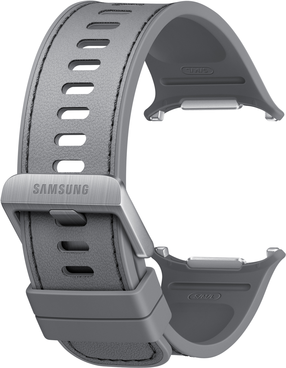 Graues Samsung Uhrenarmband aus Leder mit Metallschnalle und Lünette.