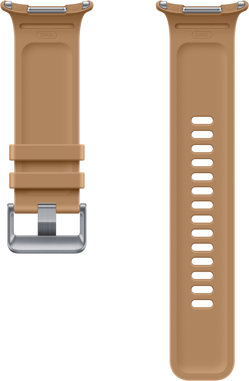 Ein braunes Uhrenarmband mit Metallschnalle und Lochreihe.