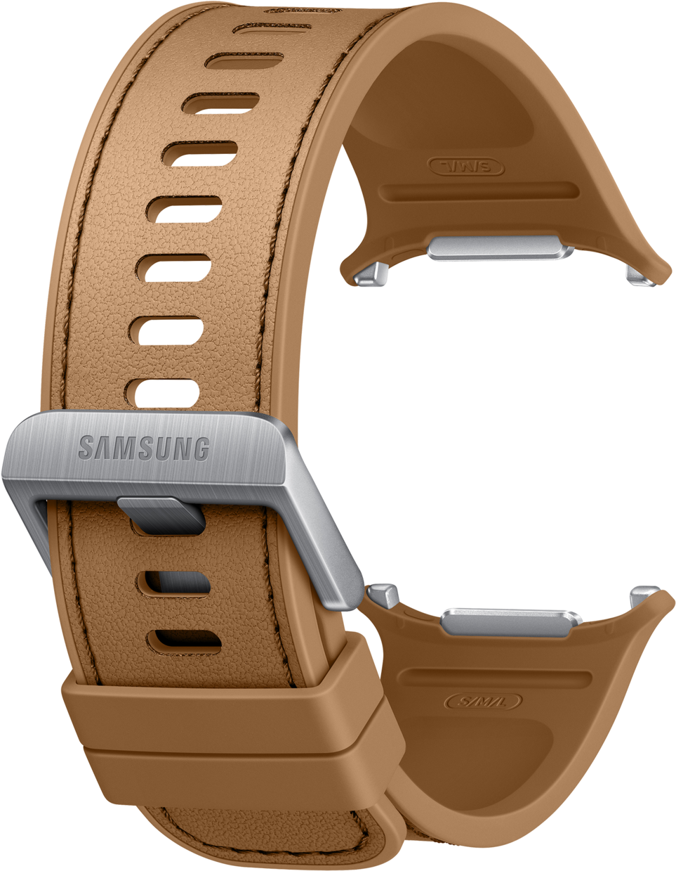 Ein braunes Leder-Uhrenarmband mit silberner Schnalle und Lufteinschlüssen.