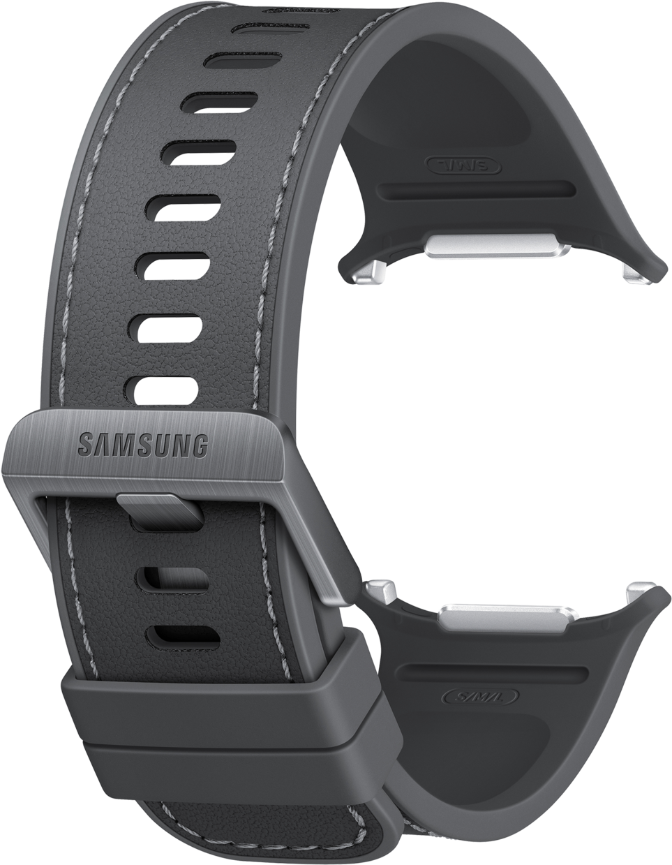 Dunkelgraues Samsung-Uhrenarmband mit silberner Schnalle und Nähten.