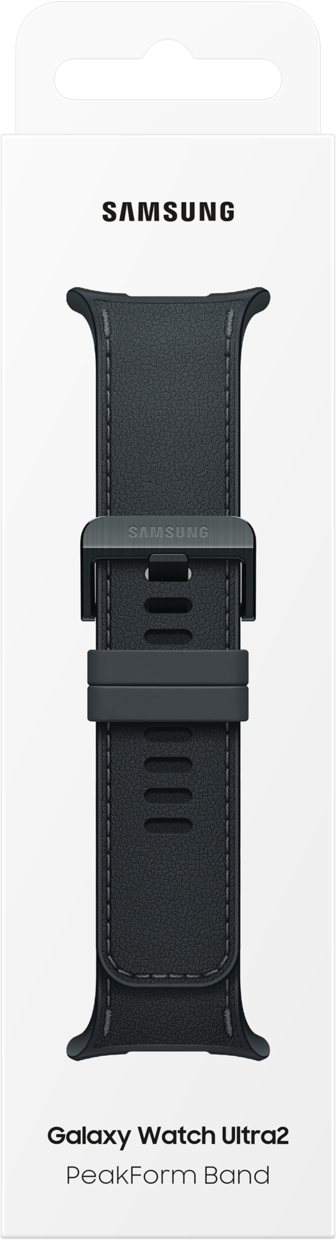 Schwarzes Samsung Galaxy Watch Ultra2 PeakForm Band mit Metallschnalle.