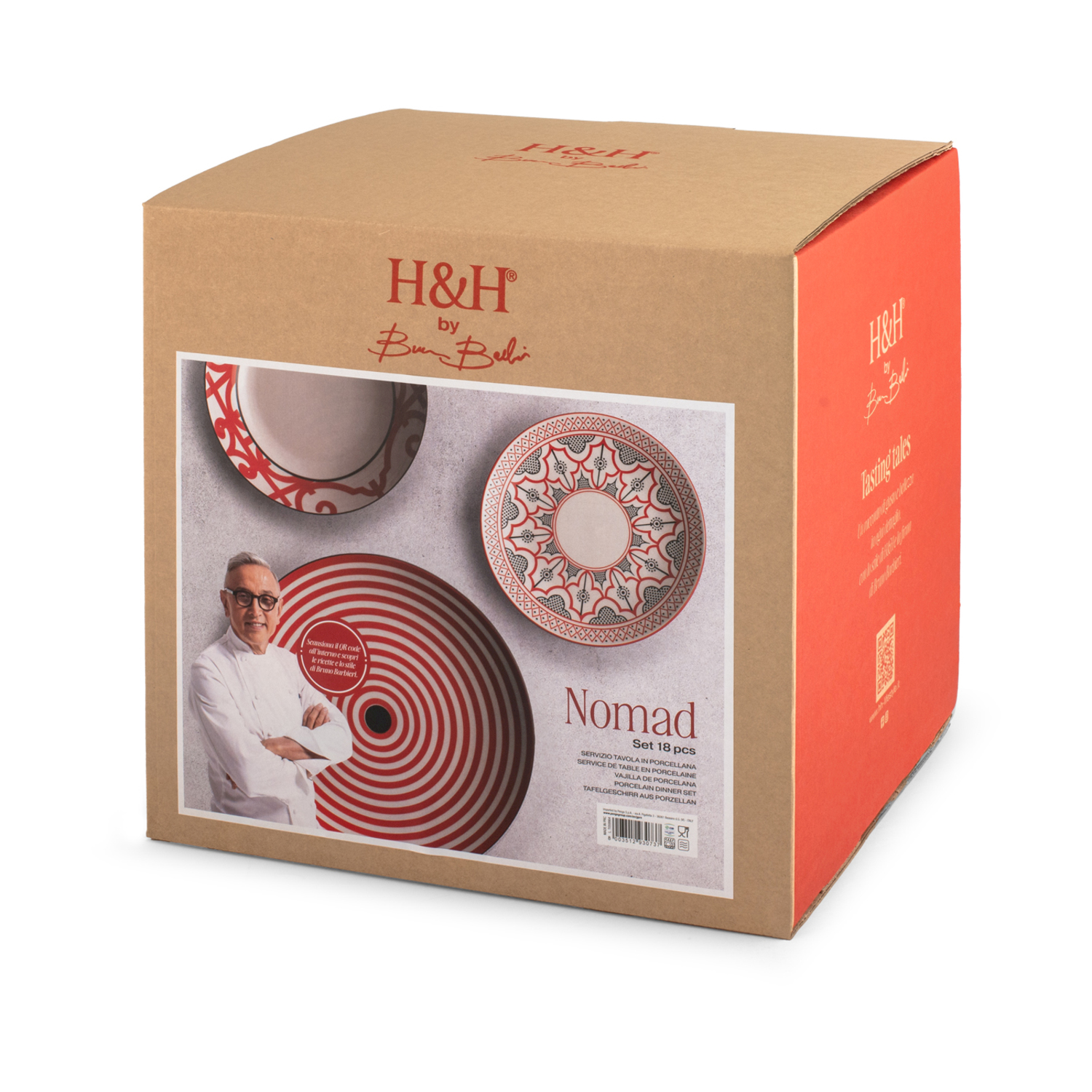 Scatola con servizio da tavola Nomad H&H di Bruno Barbieri. Presenta piatti con motivi rossi/bianchi e grigi/rossi.