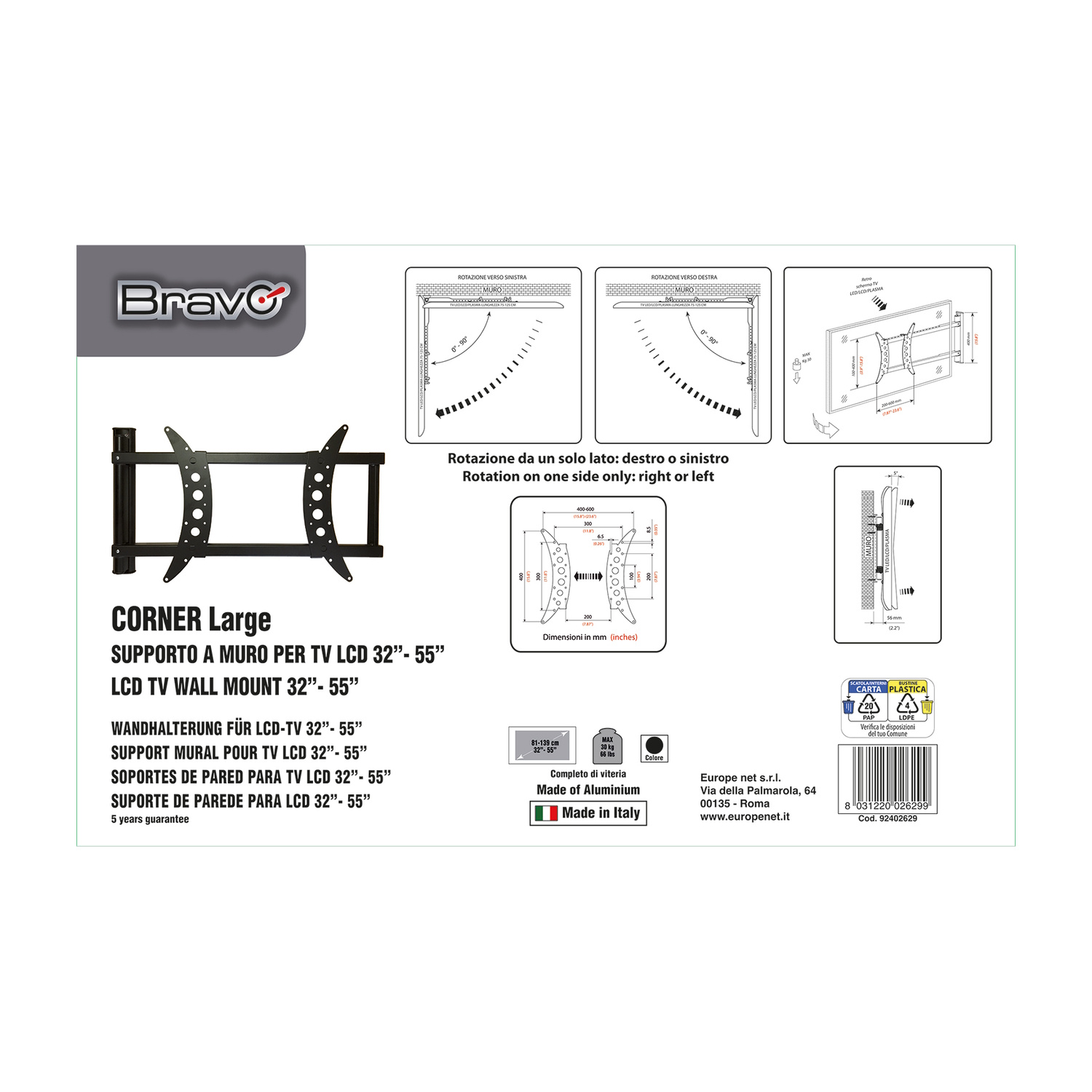 Supporto a muro TV Bravo, girevole, per TV 32-55 pollici, alluminio, Made in Italy.
