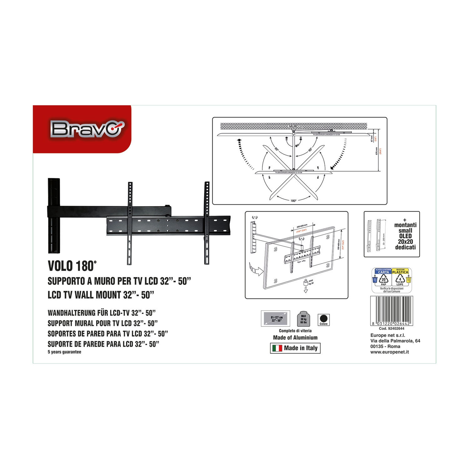 Supporto a muro TV nero per 32-50 pollici, alluminio, Made in Italy.