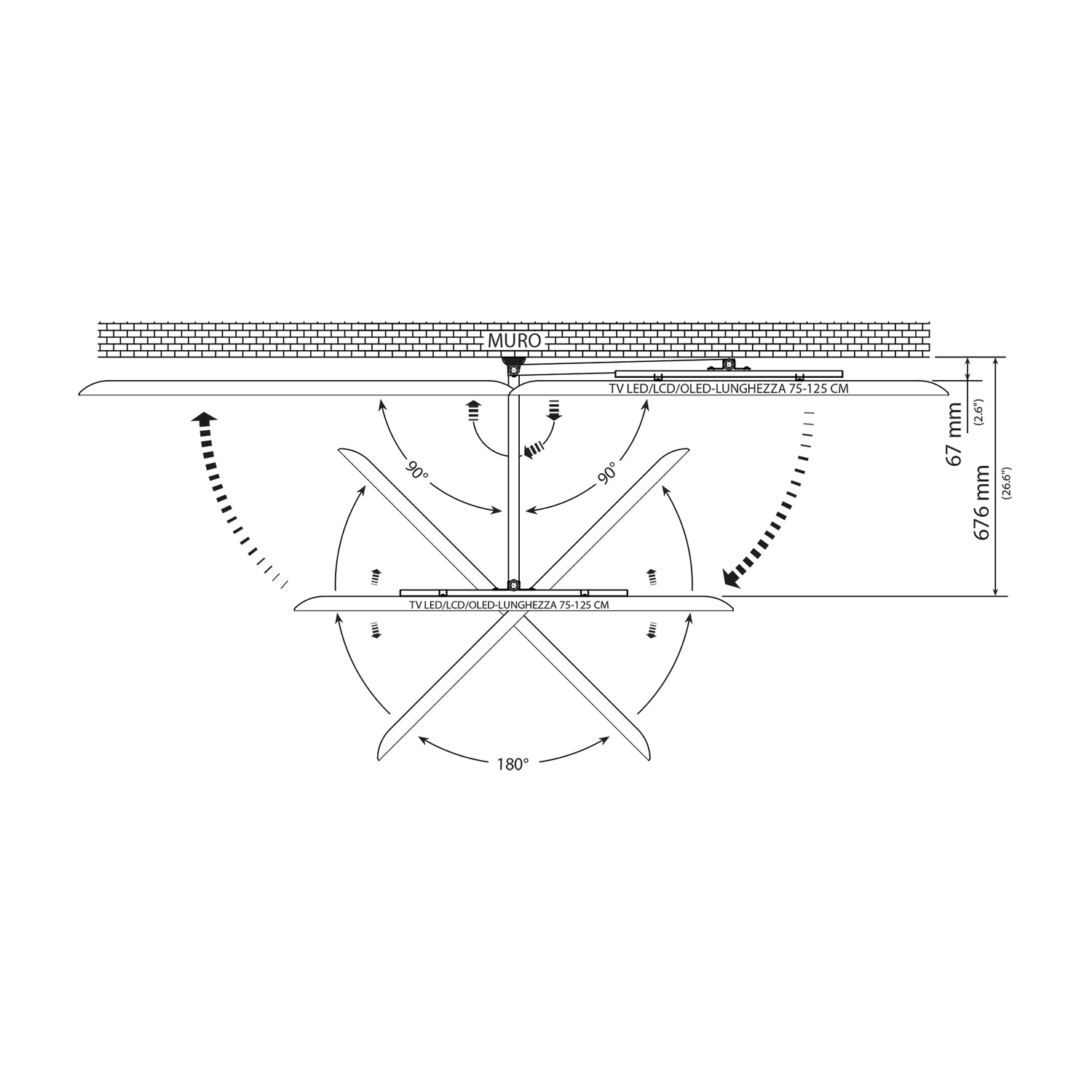 Schema di un supporto da parete TV girevole con dimensioni.