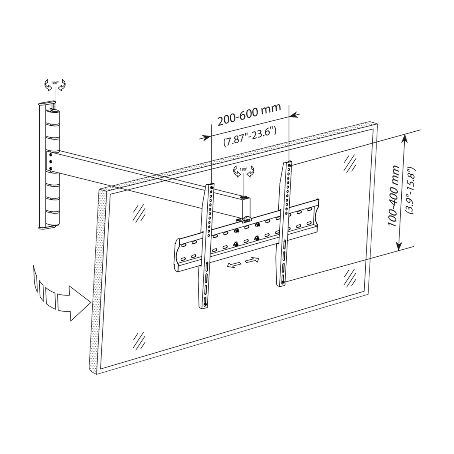 Supporto da parete con braccio estensibile per TV a schermo piatto.