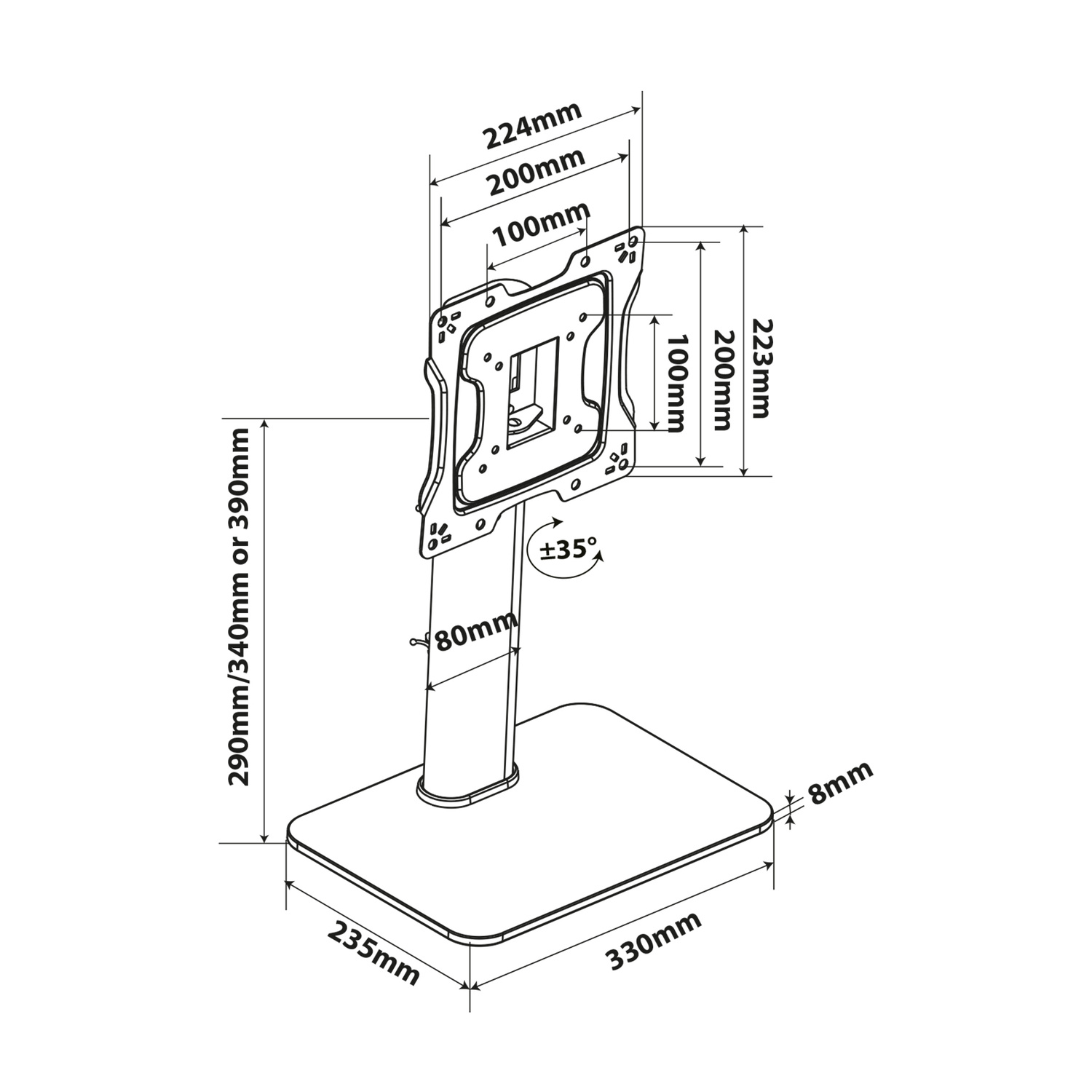 Disegno tecnico di un supporto per monitor che mostra le dimensioni: altezza 290-390mm, base 330x235mm.