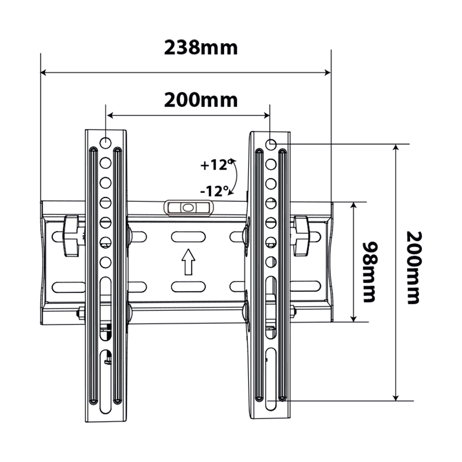 Disegno tecnico di un supporto da parete per TV con dimensioni 200mm e 238mm.