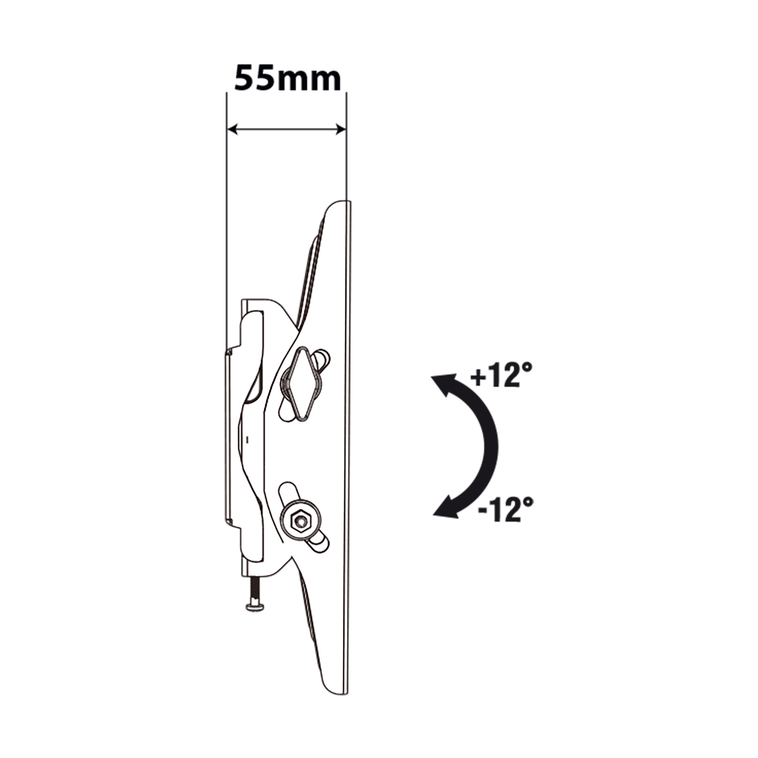 Disegno tecnico di una staffa con profondità 55 mm e intervallo di regolazione +/-12°.