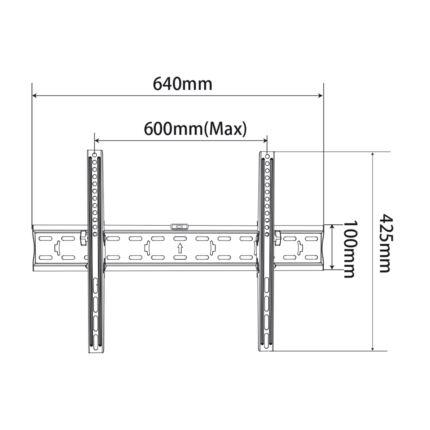 Disegno tecnico di un supporto da parete per TV con dimensioni: 640mm, 600mm (Max), 425mm, 100mm.