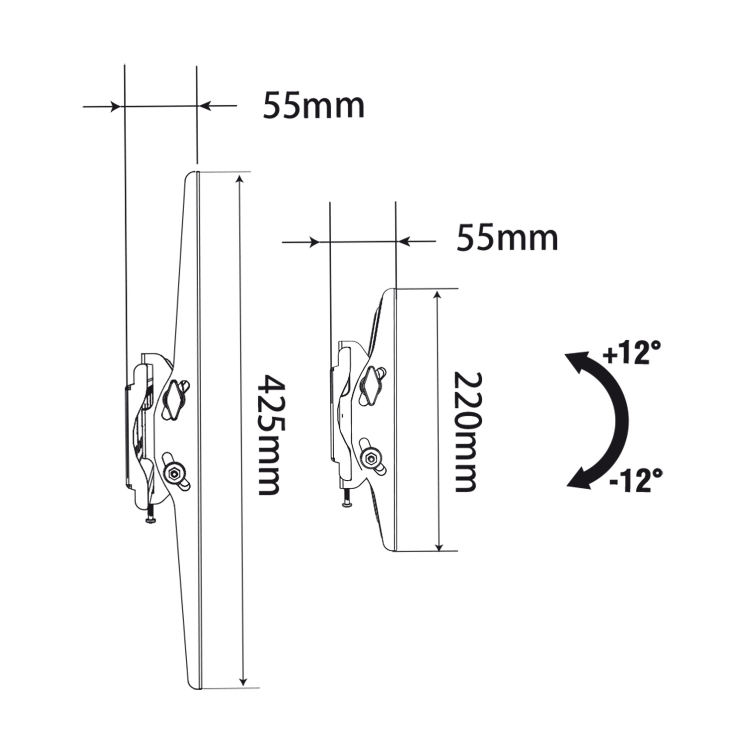 Disegno tecnico con dimensioni: 55mm, 425mm, 220mm e angoli +/-12 gradi.