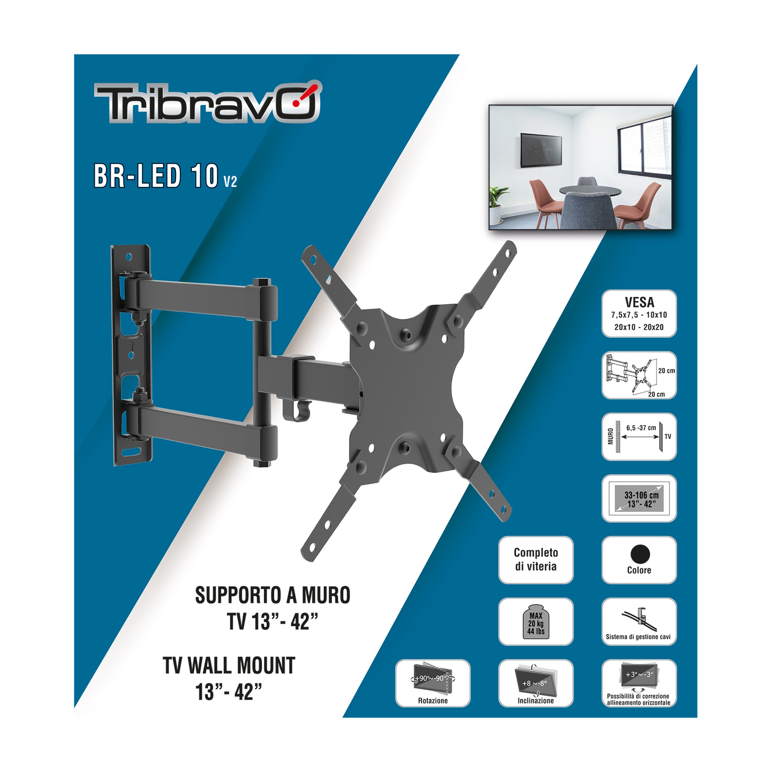 Supporto a muro Tribravo BR-LED 10 V2 per TV 13-42 pollici, con VESA e capacità di carico.